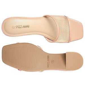 PIZZ ANNU Women’s Nude Mesh Block Heel Mules Sandals Square Toe Size 6.5